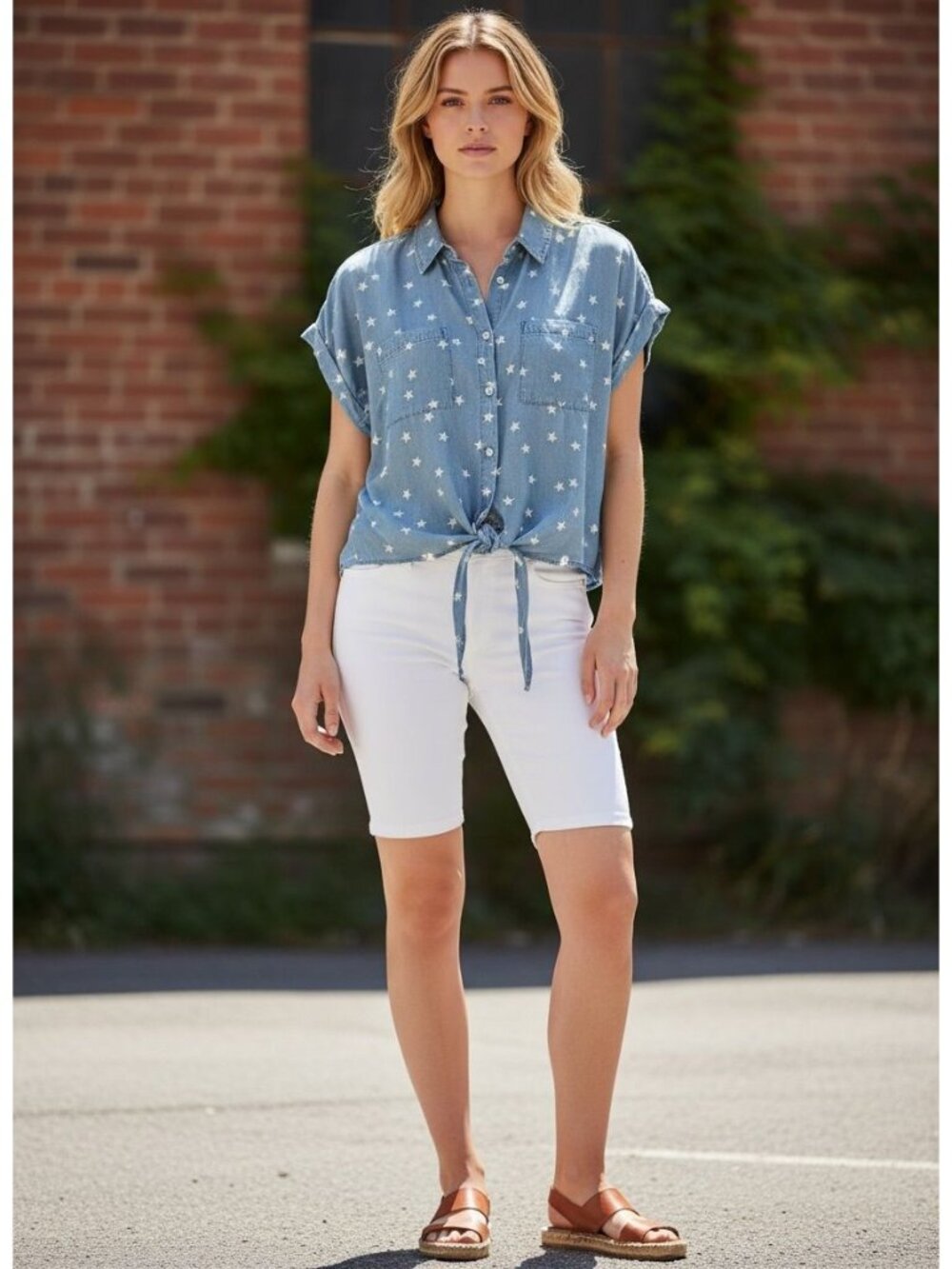 Autumn & Skye Star Print Button-Down Tie-Front Blue Shirt Womens XL Lyocell NWT